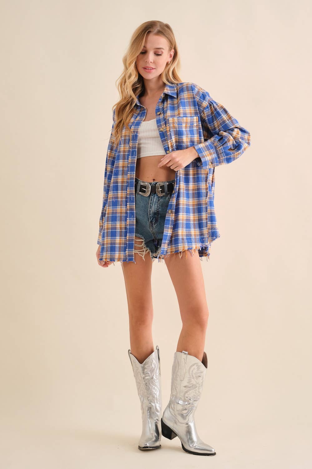 32481T - Cowboy Boots Graphic Back Plaid Oversized Shirt: GREEN / SMALL