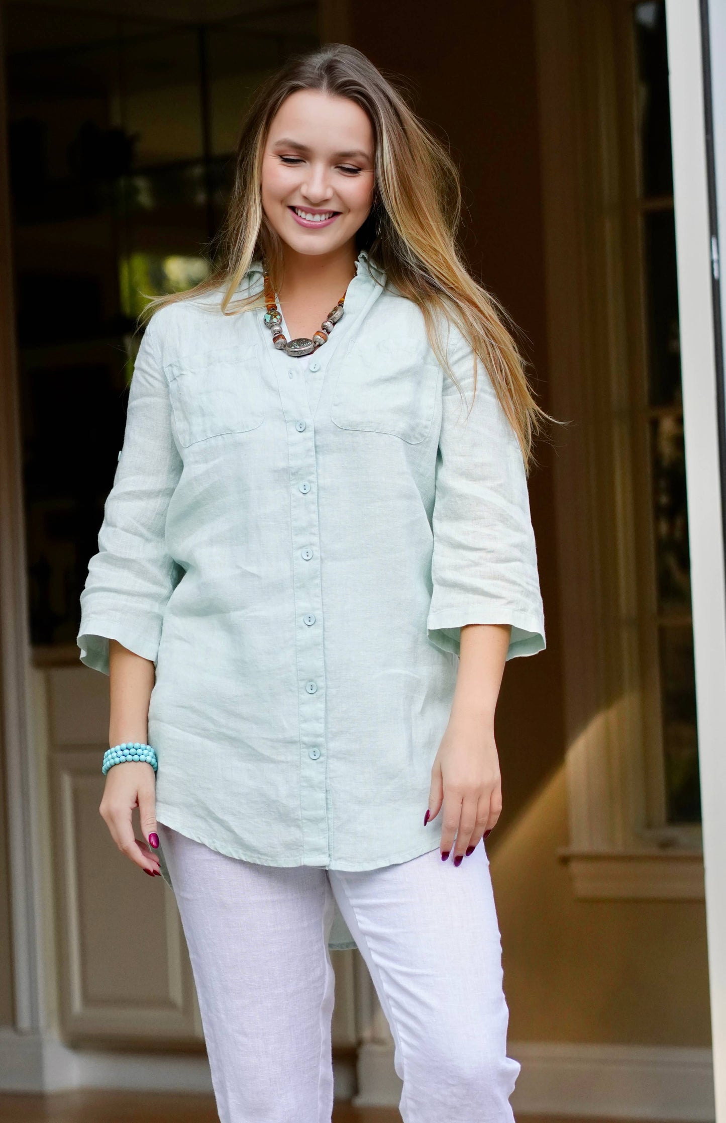 Nia Linen Button Up Sky Blue : LT. Blue / M