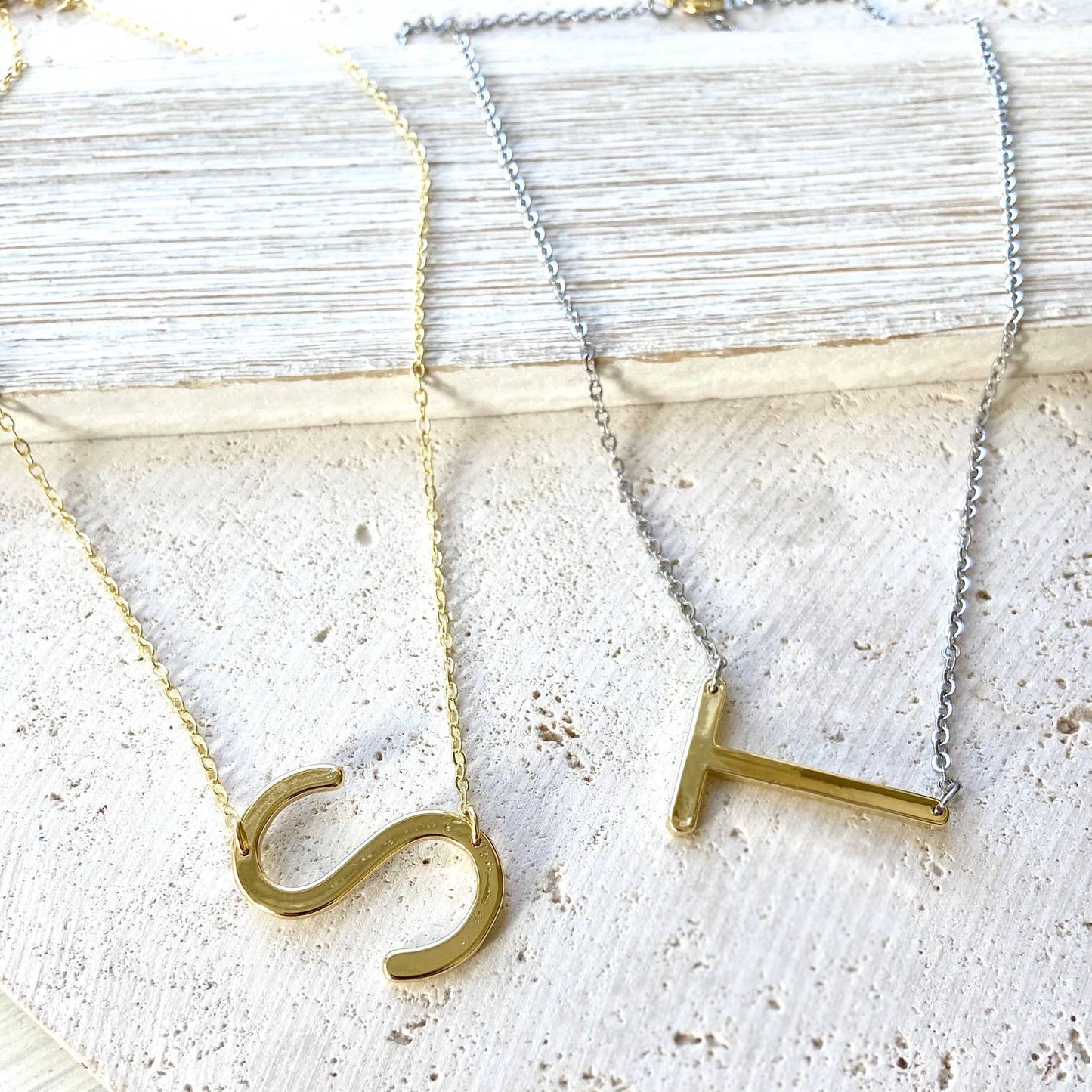 Simple initial mixed metal necklace non tarnish jewelry: Mixed Metal w/Crystal / H