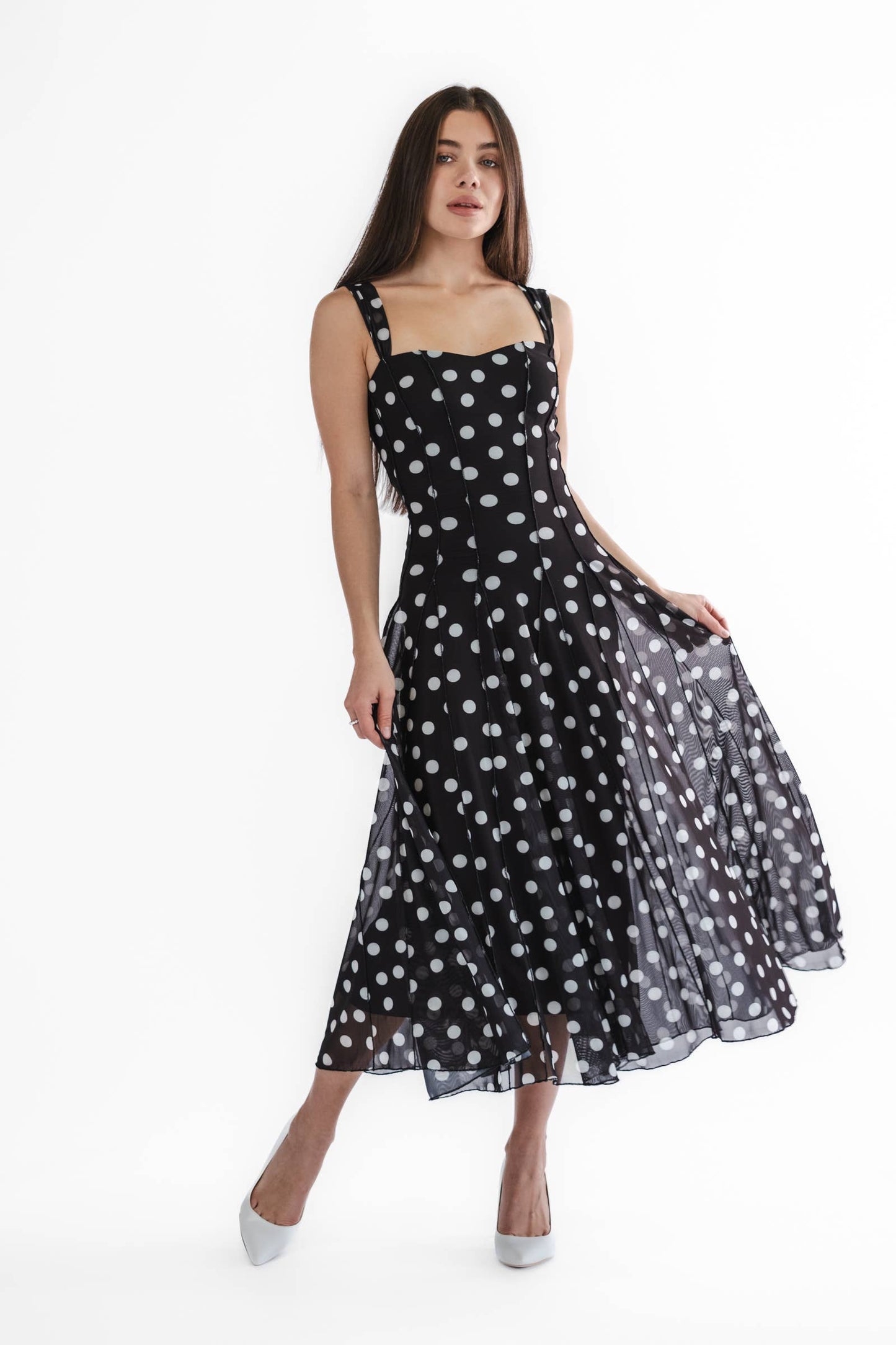 TARA Sleeveless Tea Length Mesh Fit N Flare Paneled Dress  - Elana Kattan