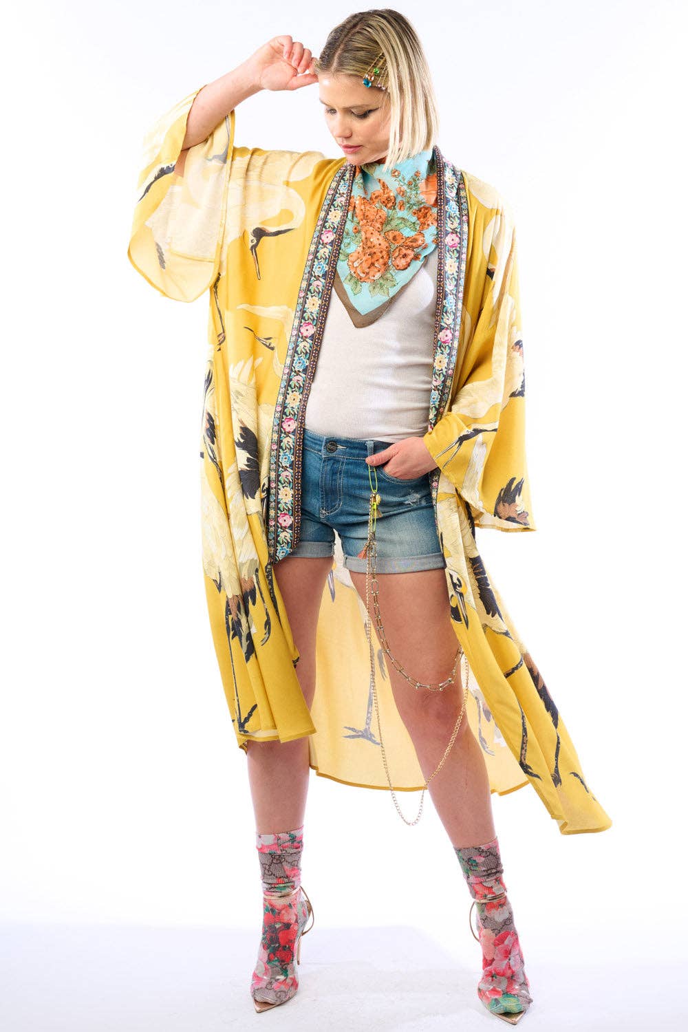 Story of the Crane Kimono - Mustard | Bohemian Coverup Robe: Mustard / One size