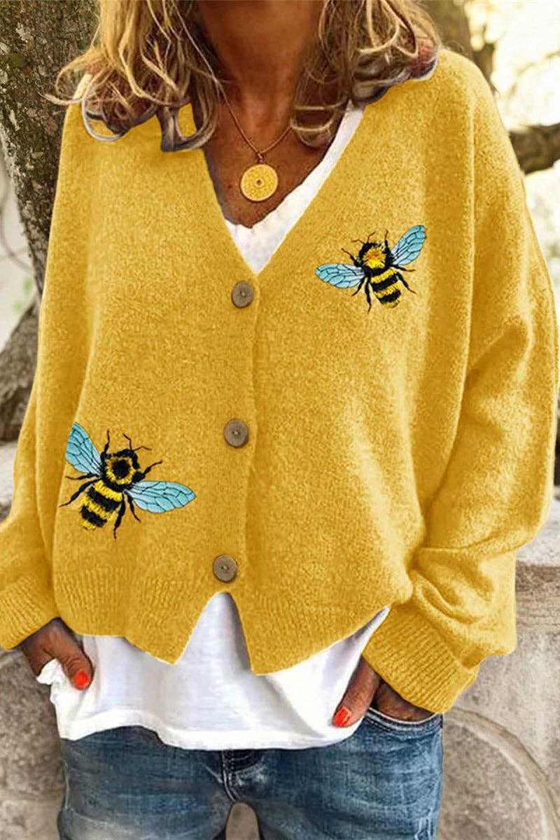 Bee Embellished Button-Up Cardigan: YELLOW / S