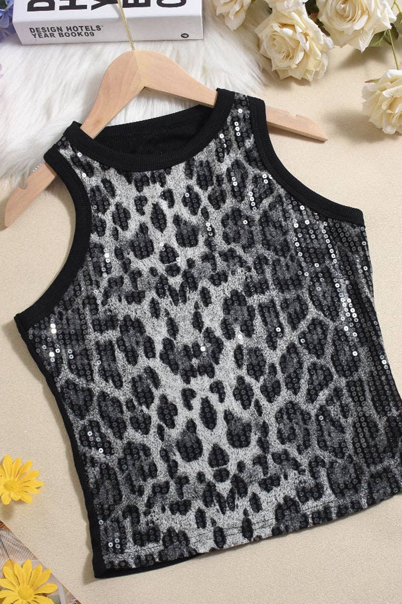 Leopard Print Sequin Tank Top: BEIGE / L