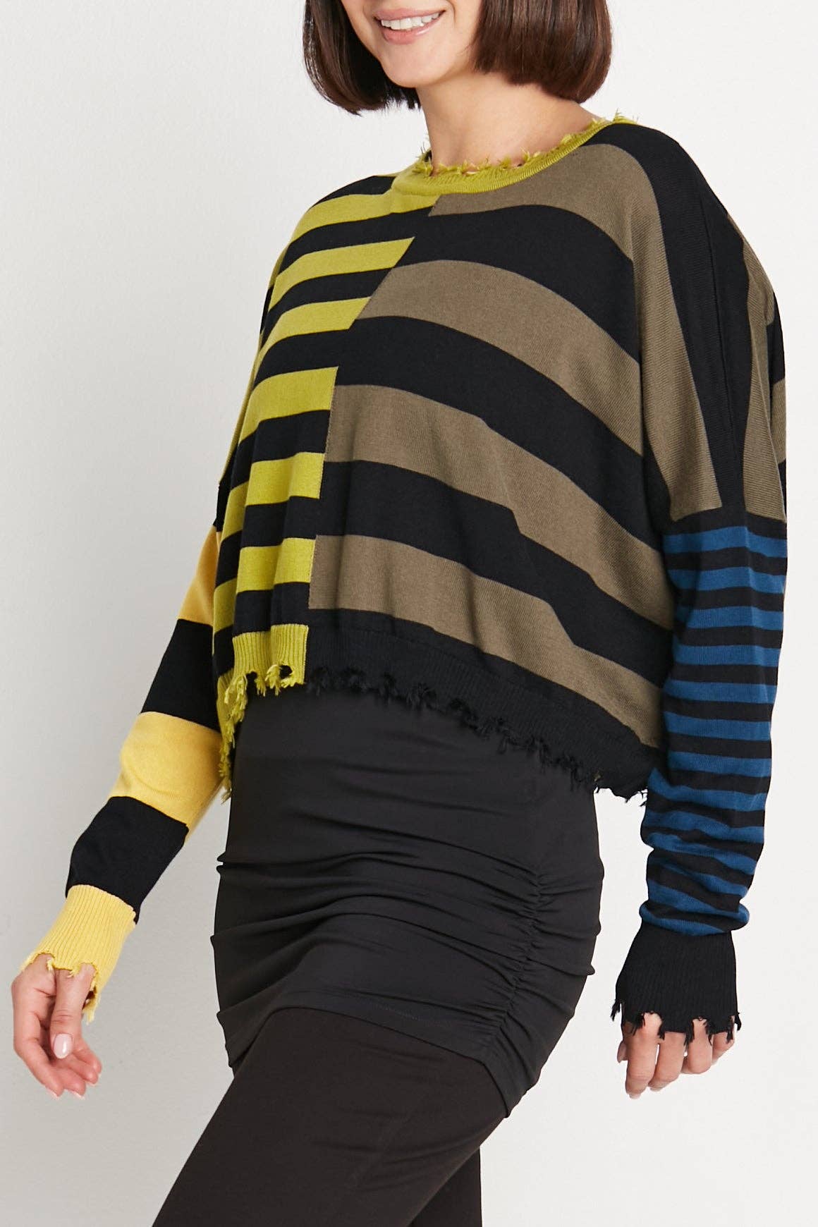Pima Cotton Mini Mixed Up Tattered Crewneck Sweater: Black/Chartreuse