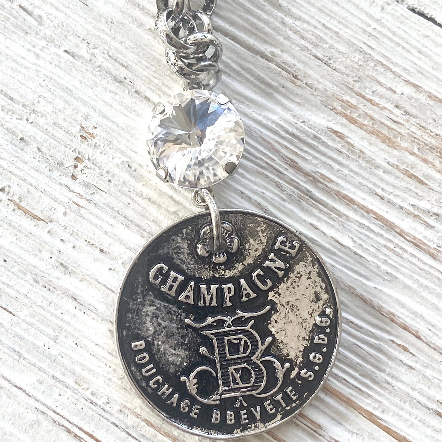 Champagne French coin necklace boutique salon jewelry: Burnished silver