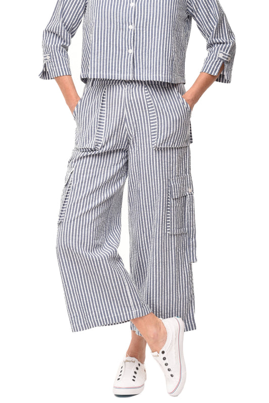 CV1086 Calista Cargo Pant in Marina White Seersucker Stripe*: S
