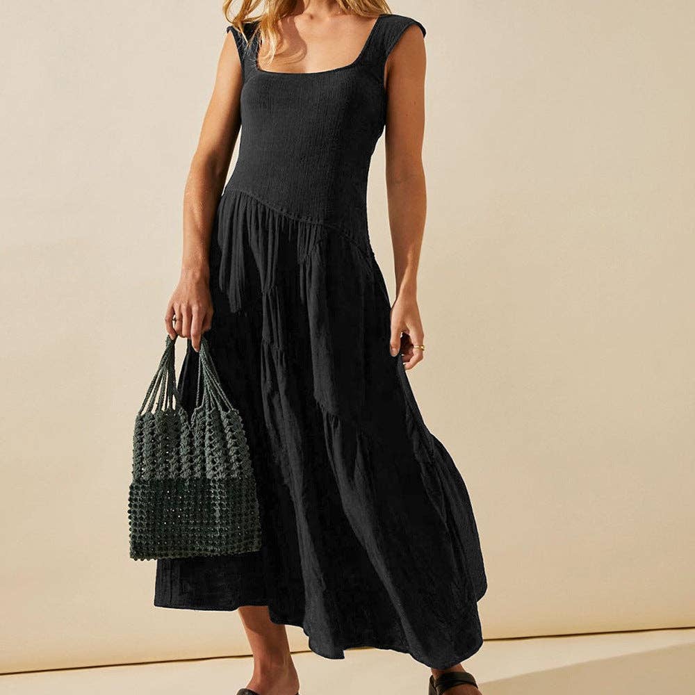 French Style Elegant A-Line Maxi Dress With U-Neck Design: GQTX002 / M