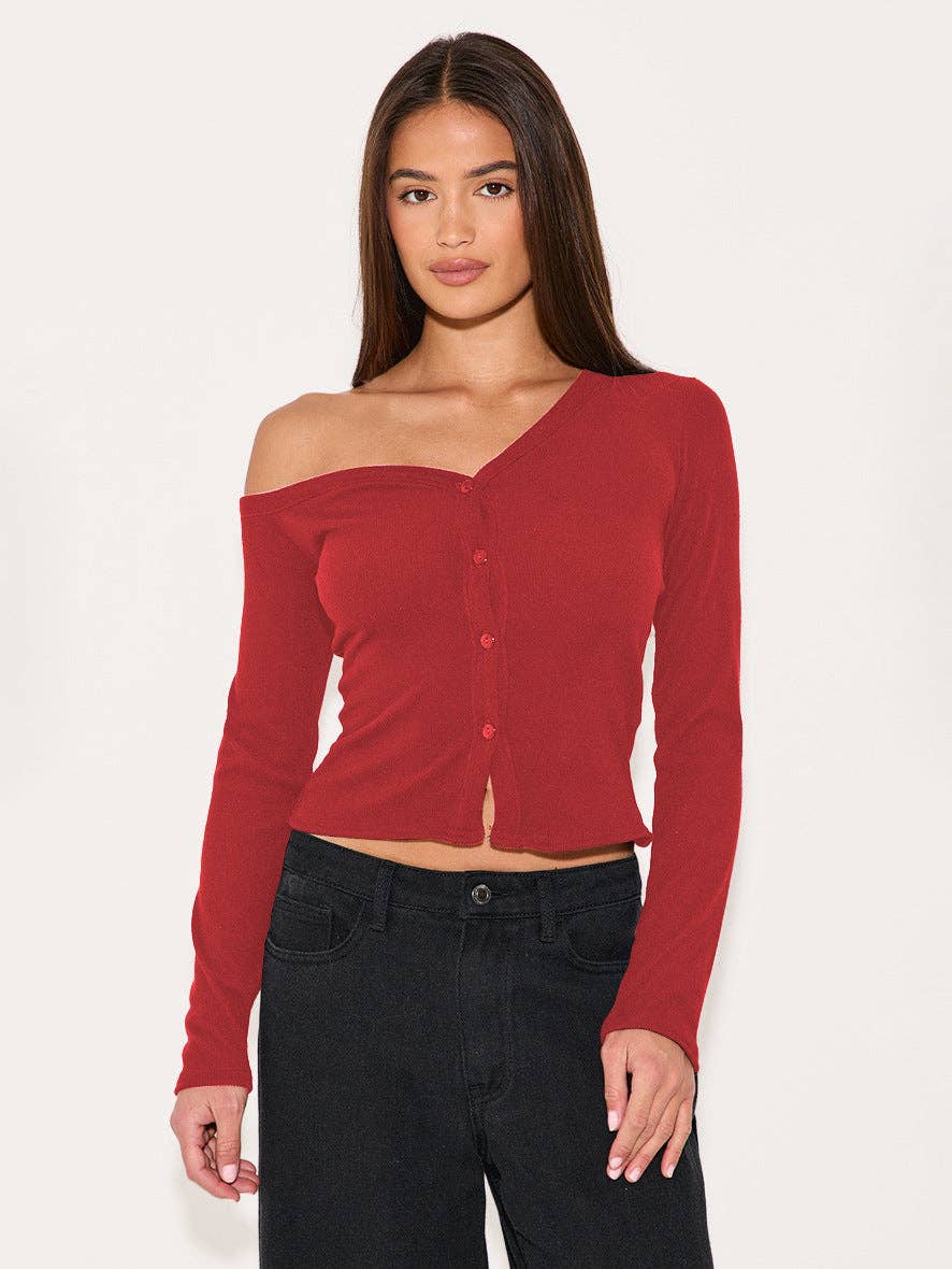 Asymmetrical Neck Long Sleeve Button Knit Cardigan T-Shirt: E25T1624-002 / M