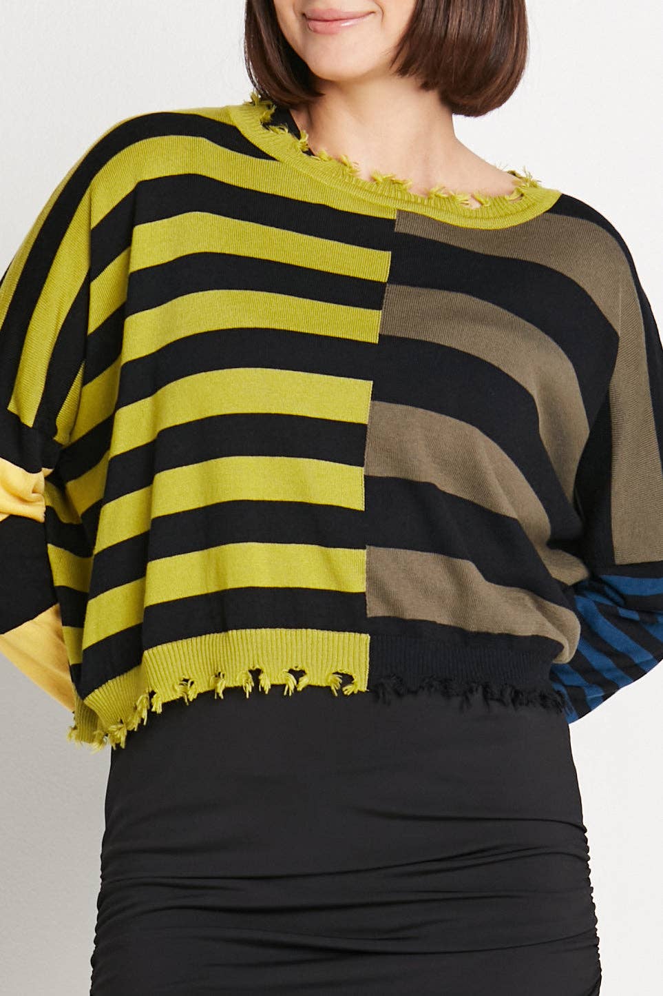 Pima Cotton Mini Mixed Up Tattered Crewneck Sweater: Black/Chartreuse