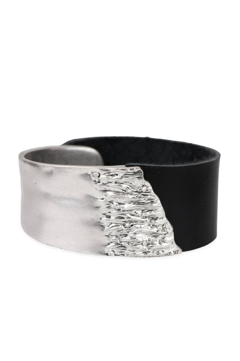 Leather Metal Statement Bracelet: Black gold