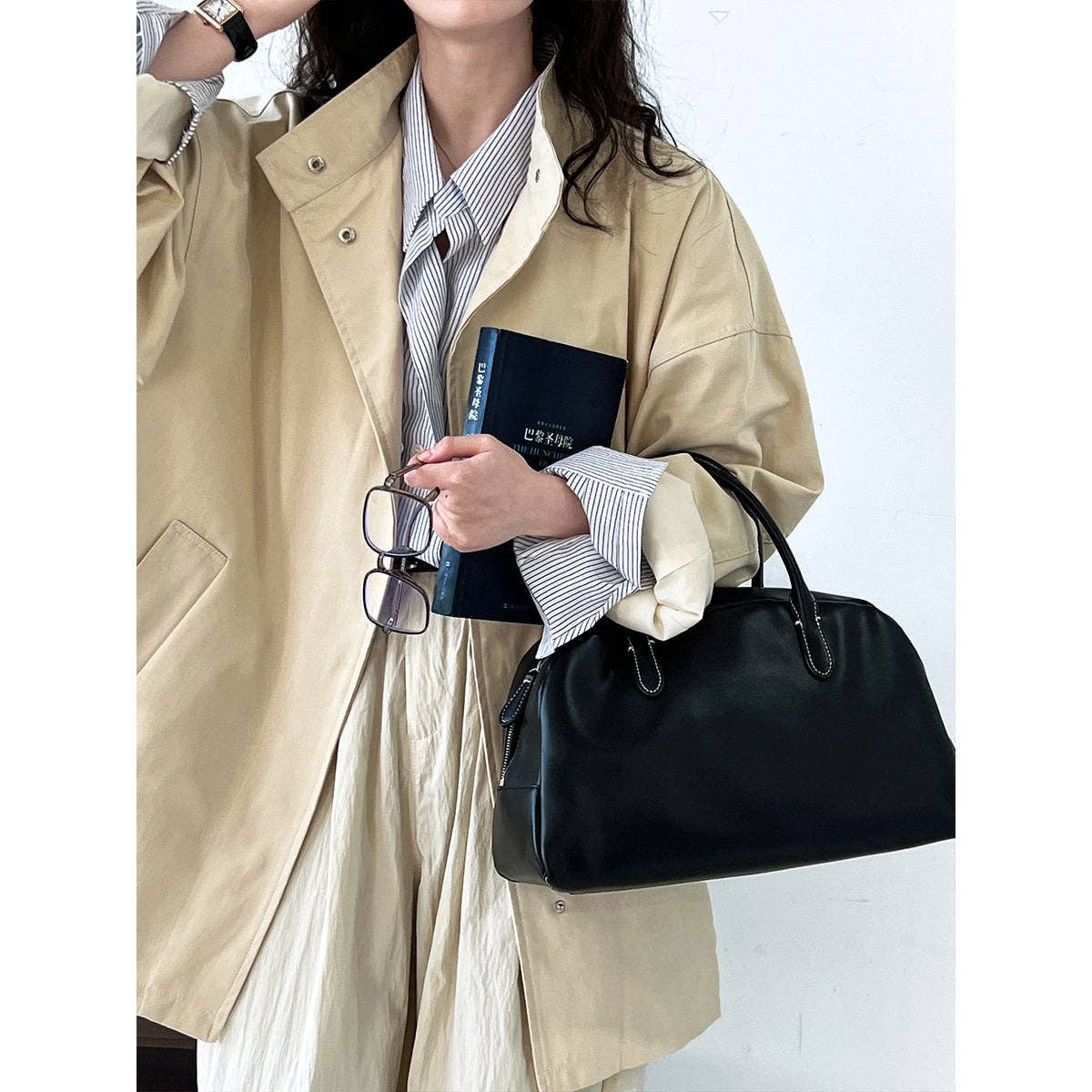 Solid Color Loose Fit Stand Collar Trench Coat: Coffee Color / L