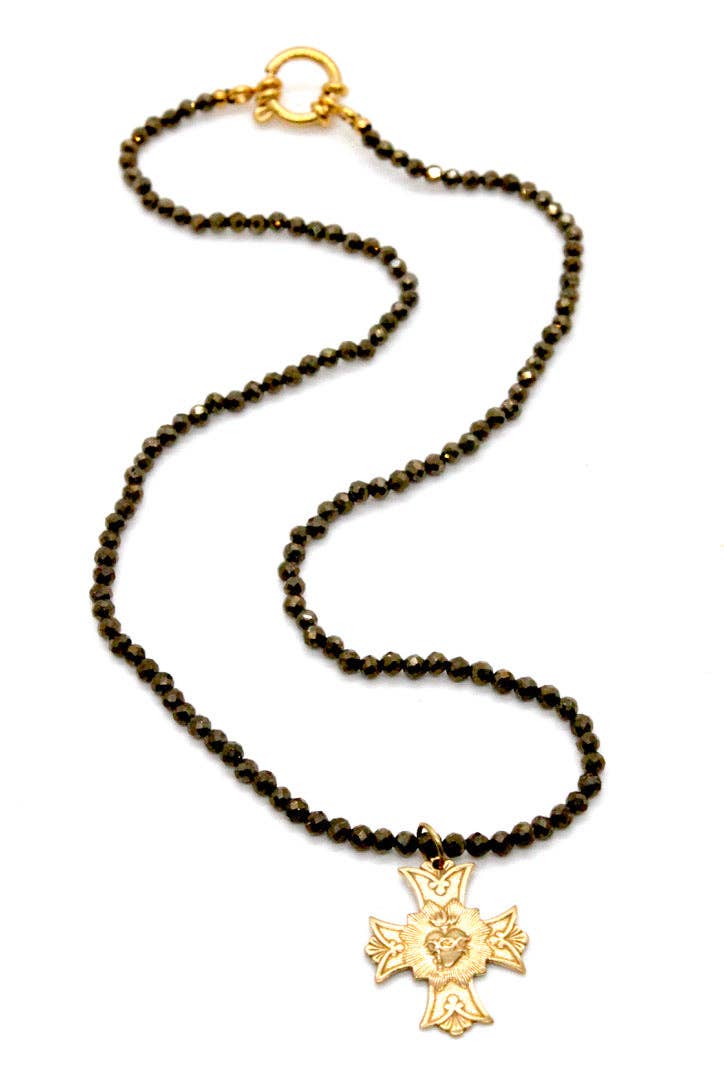 Faceted Pyrite Short Necklace with Cross Heart French Religious Charm -French Medals Collection- N6-009