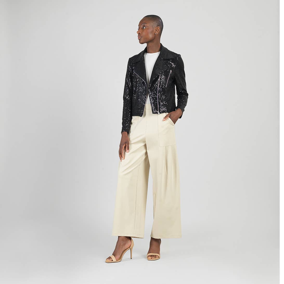 JK427S - Sequin Knit - Moto Waist Jacket: Champagne / S