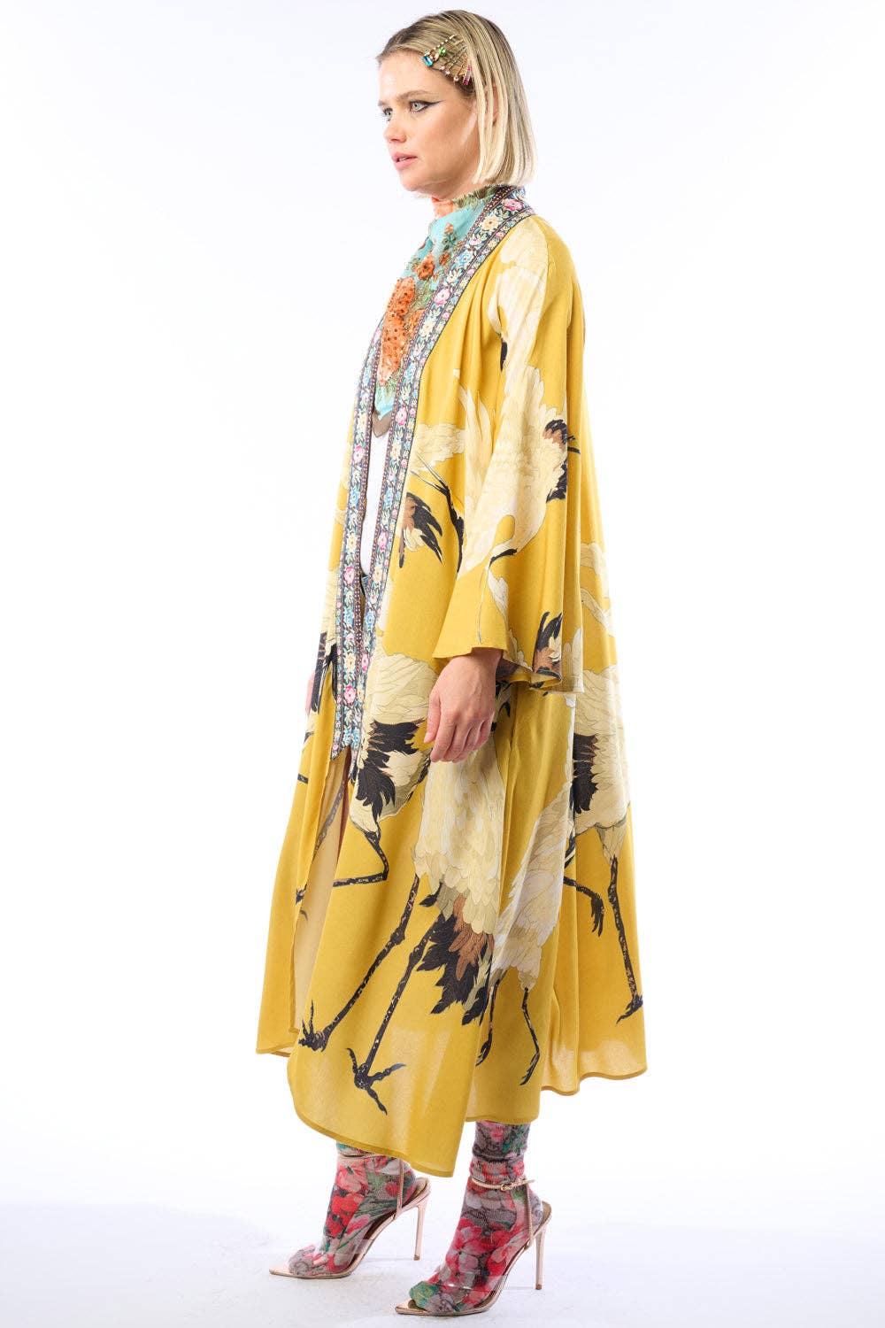 Story of the Crane Kimono - Mustard | Bohemian Coverup Robe: Mustard / One size