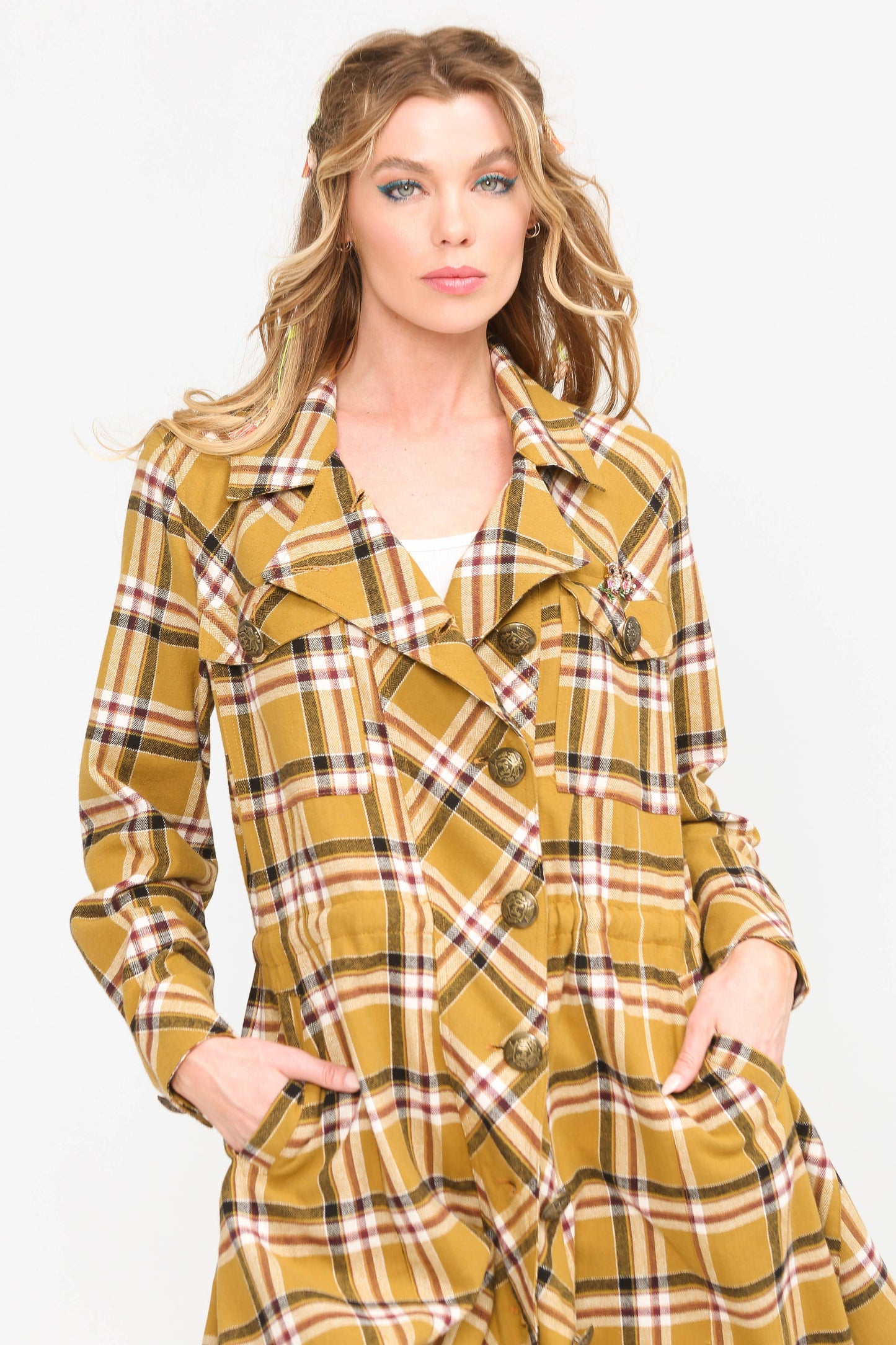 Coco Plaid Trench Coat: Mustard Combo / M