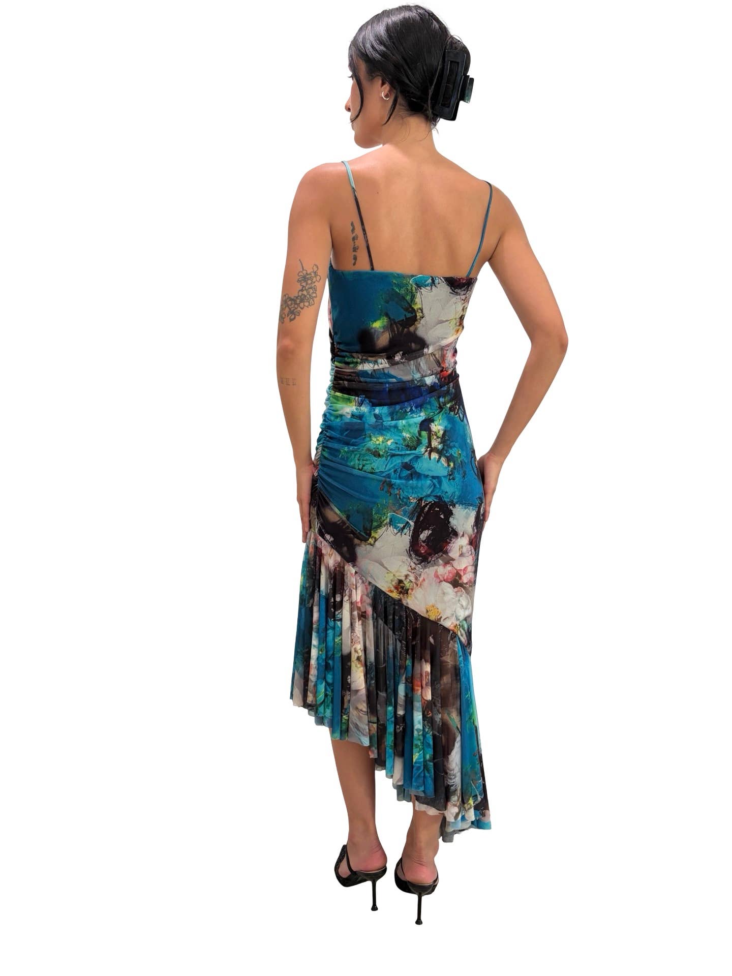 TIANNA Side Ruched Slanted Ruffled Hemline Long Dress : S