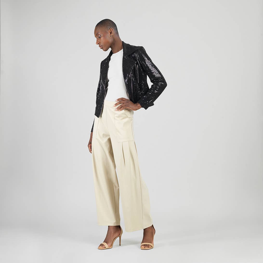 JK427S - Sequin Knit - Moto Waist Jacket: Champagne / S