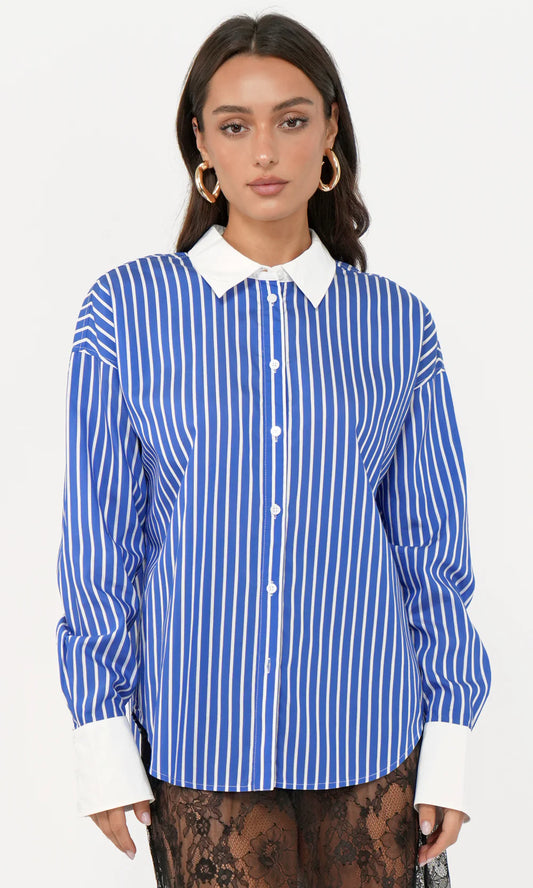Geneviv Oversized Bold Stripe Shirt w/ Contrast Cuff G254T7194 - GREYLIN