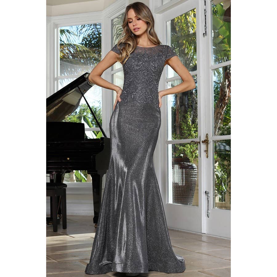 Cap Sleeve Embroidered Glitter Mesh MoB Gown: Champagne / 14