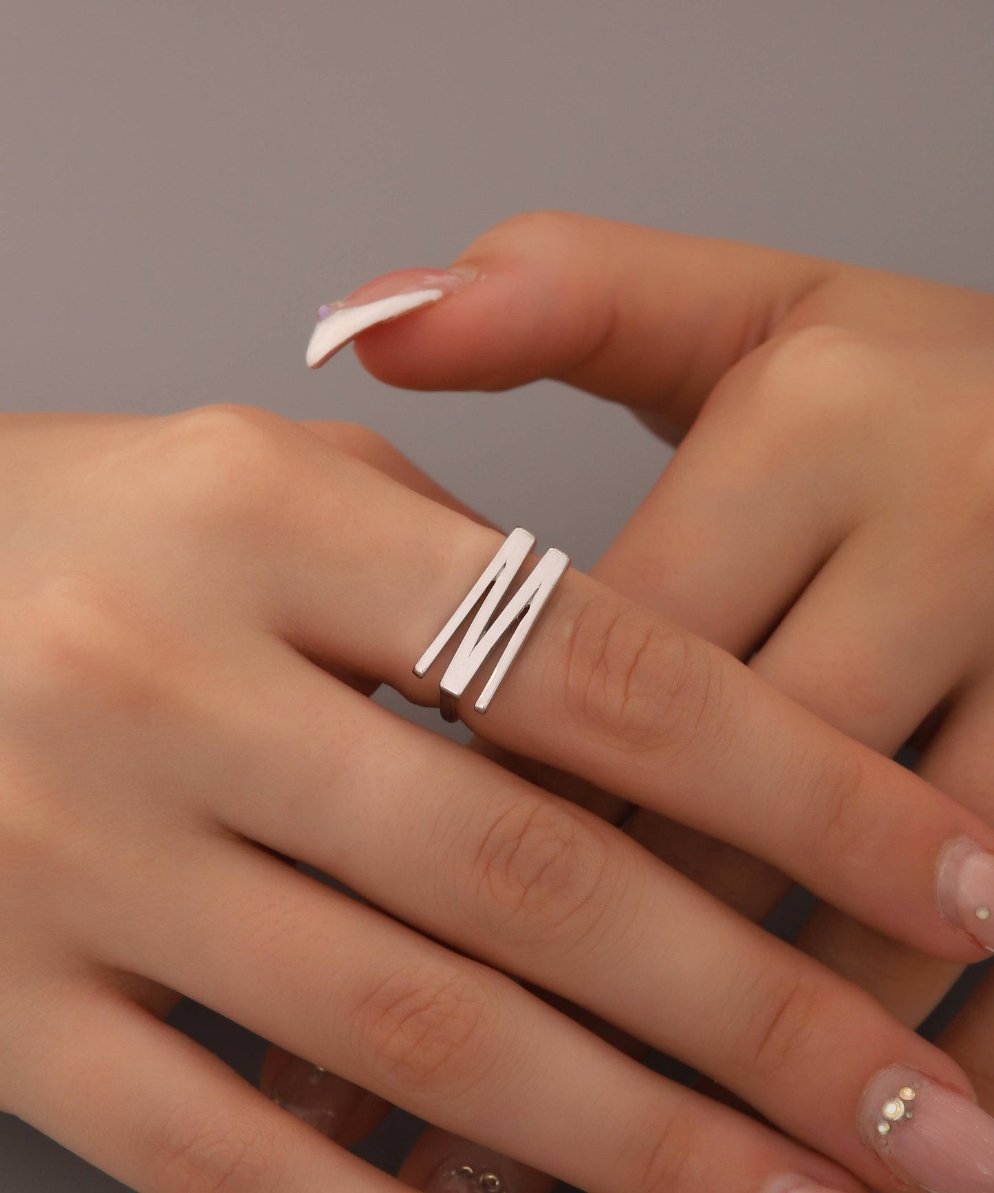 925 Sterling Silver "M" Letter Free Size Ring: Yellow Gold