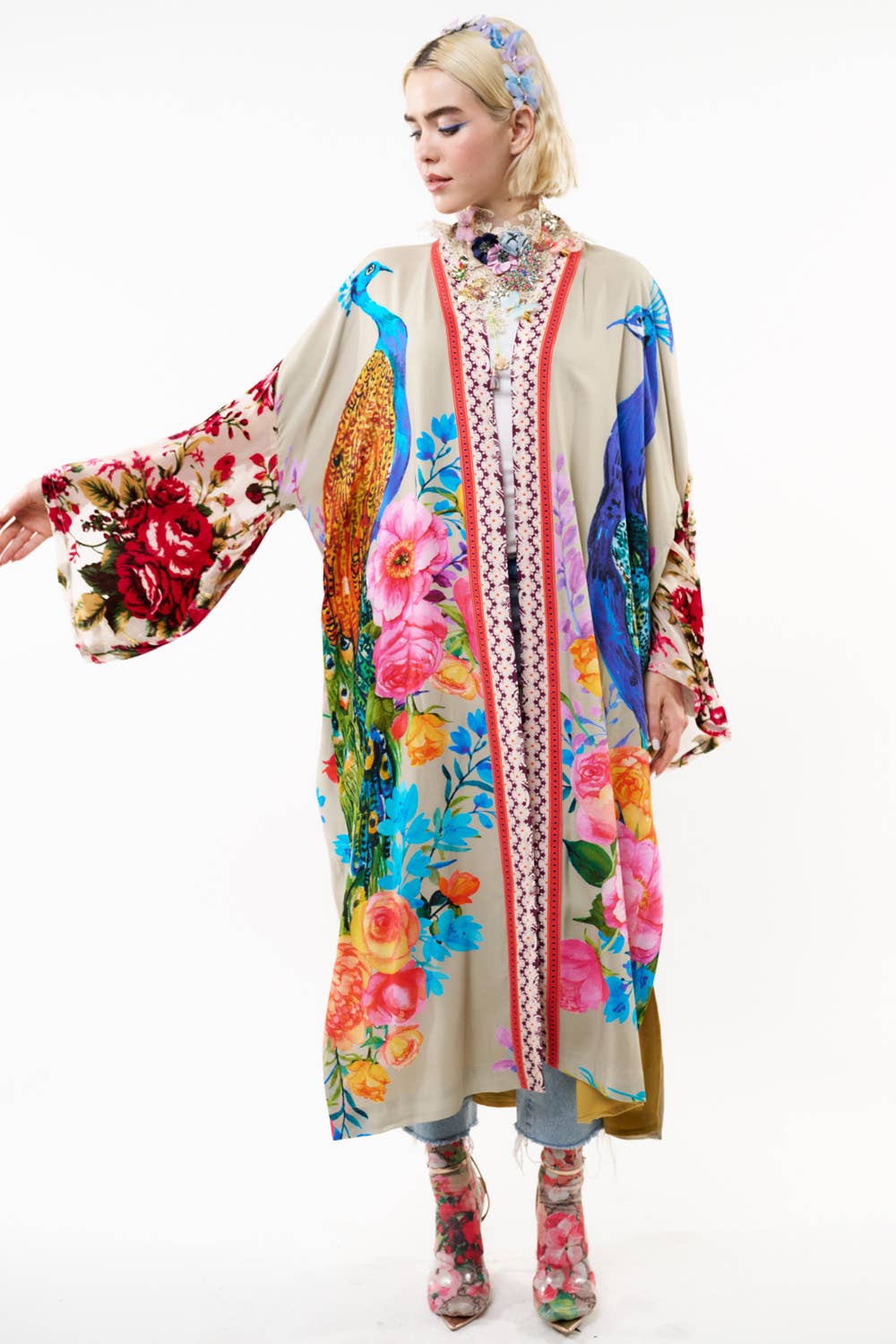 Fantasy Kimono - Beige |Peacock Mesh Sleeve Romantic Robe: Soft Moon / One Size