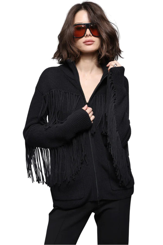 Cotton Shaker Mock Neck Zip Up Fringe Jacket 8912 - Minnie Rose