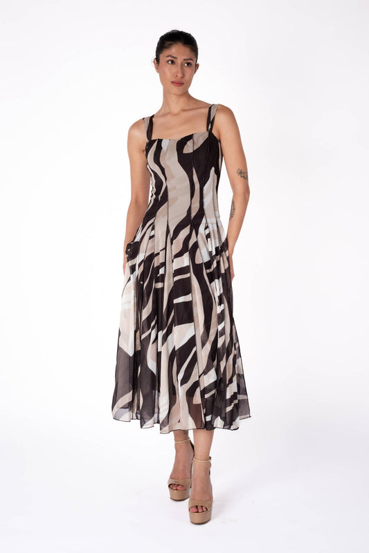 LISA Sleeveless Tea Length Fit N Flare Paneled Dress - Elana Kattan