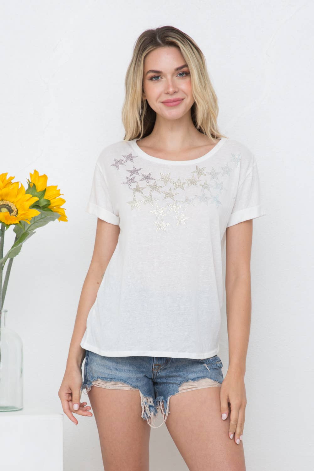 31433T - Star Studded Slub Cotton Jersey Tee: WHITE / MEDIUM