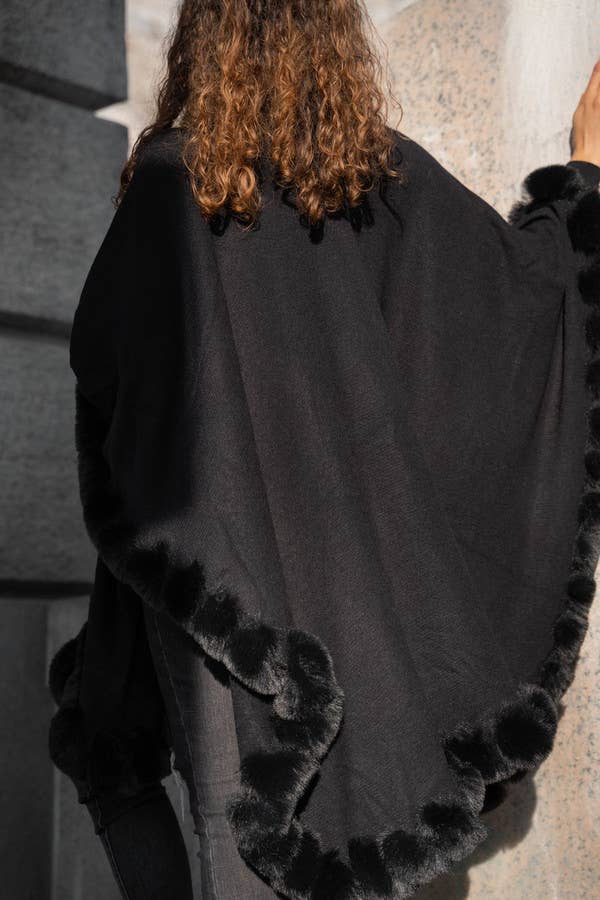 Faux Fur Cape Kimono: Black