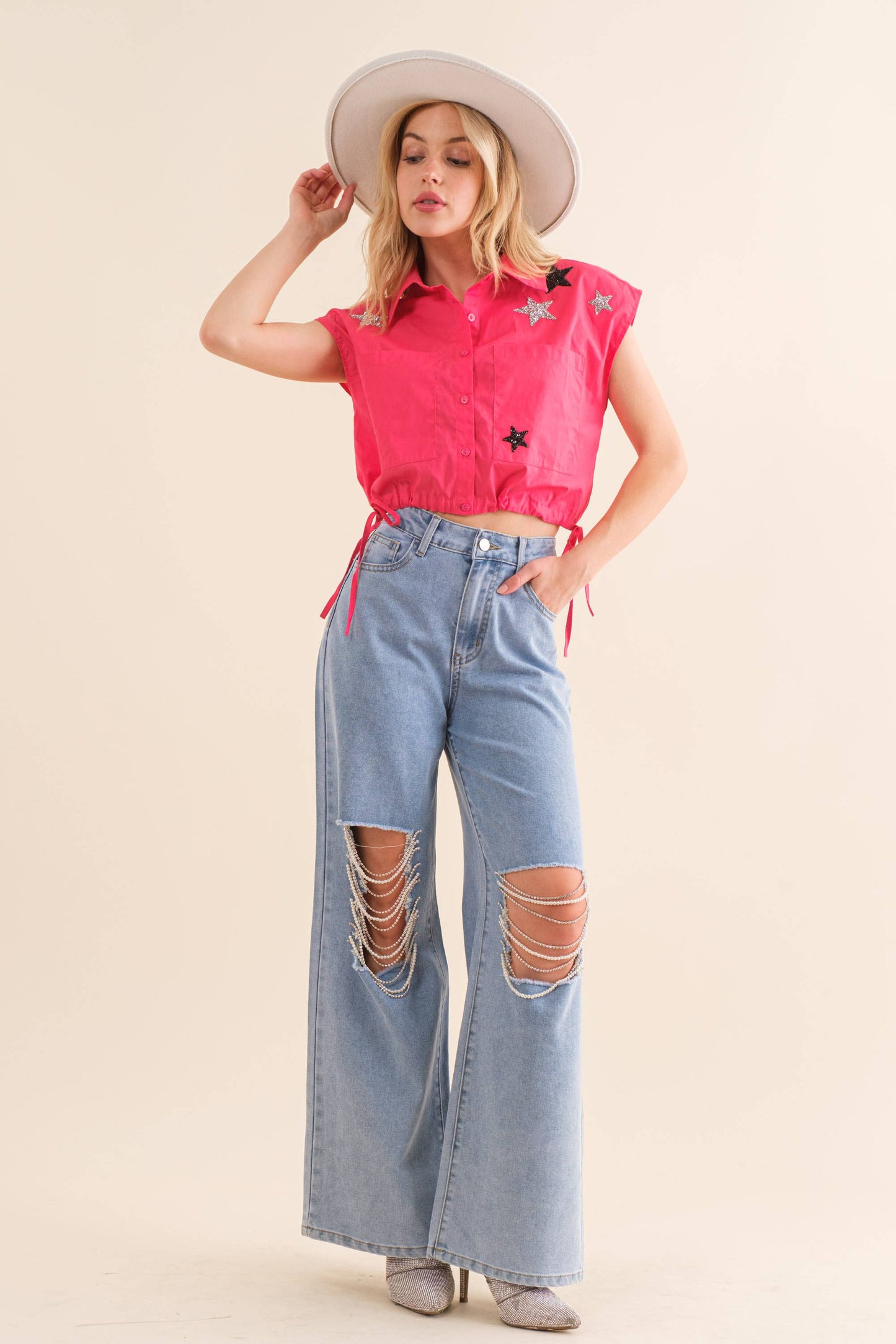 32579T - Poplin Star Patch Sleeveless Shirt: WHITE / S