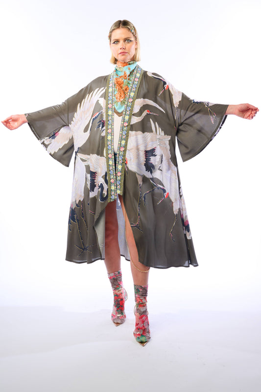 Story of the Crane Kimono: Vintage Charcoal / One Size