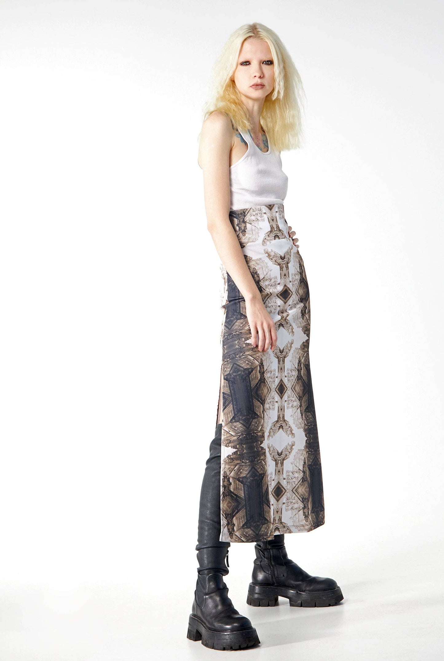 Babs Body-hugging Midi Skirt - Sepia Gargoyles Print Design: Sepia / X-Small / Gargoyles