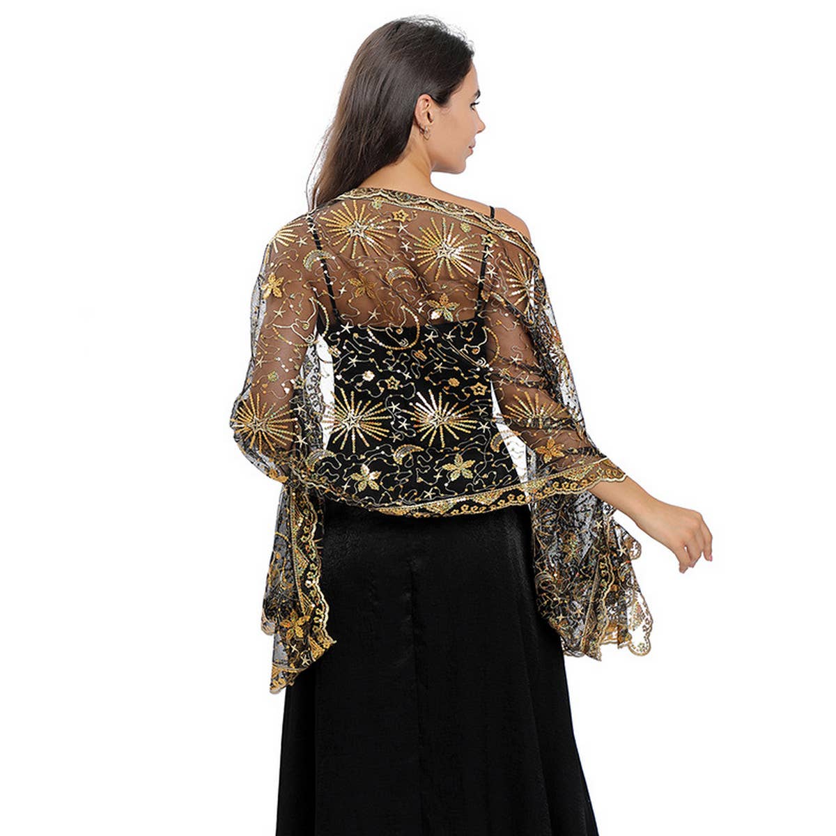 STARS AND MOON EMBROIDERED SHAWL_CWASC1079: BLACK3 / (OS) 1