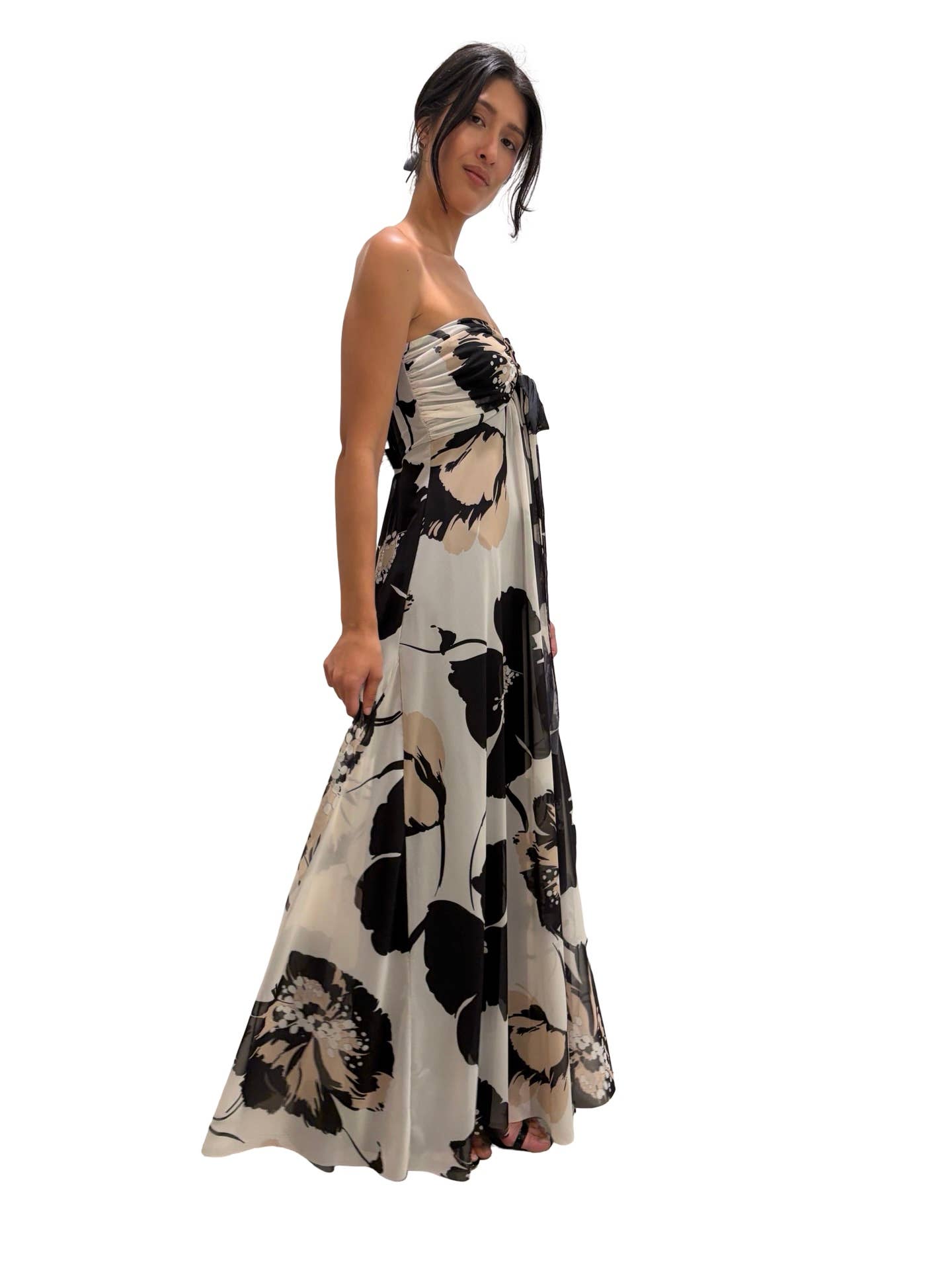 KATE Long Strapless Flared Empire Waist  Printed Mesh Dress : S