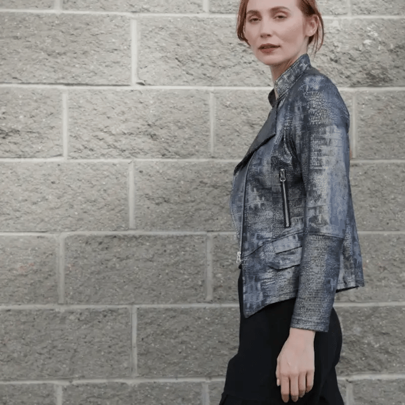 JK75SH - Metallic Liquid Leather ™ Textured Biker Jacket: Gun metal / XL