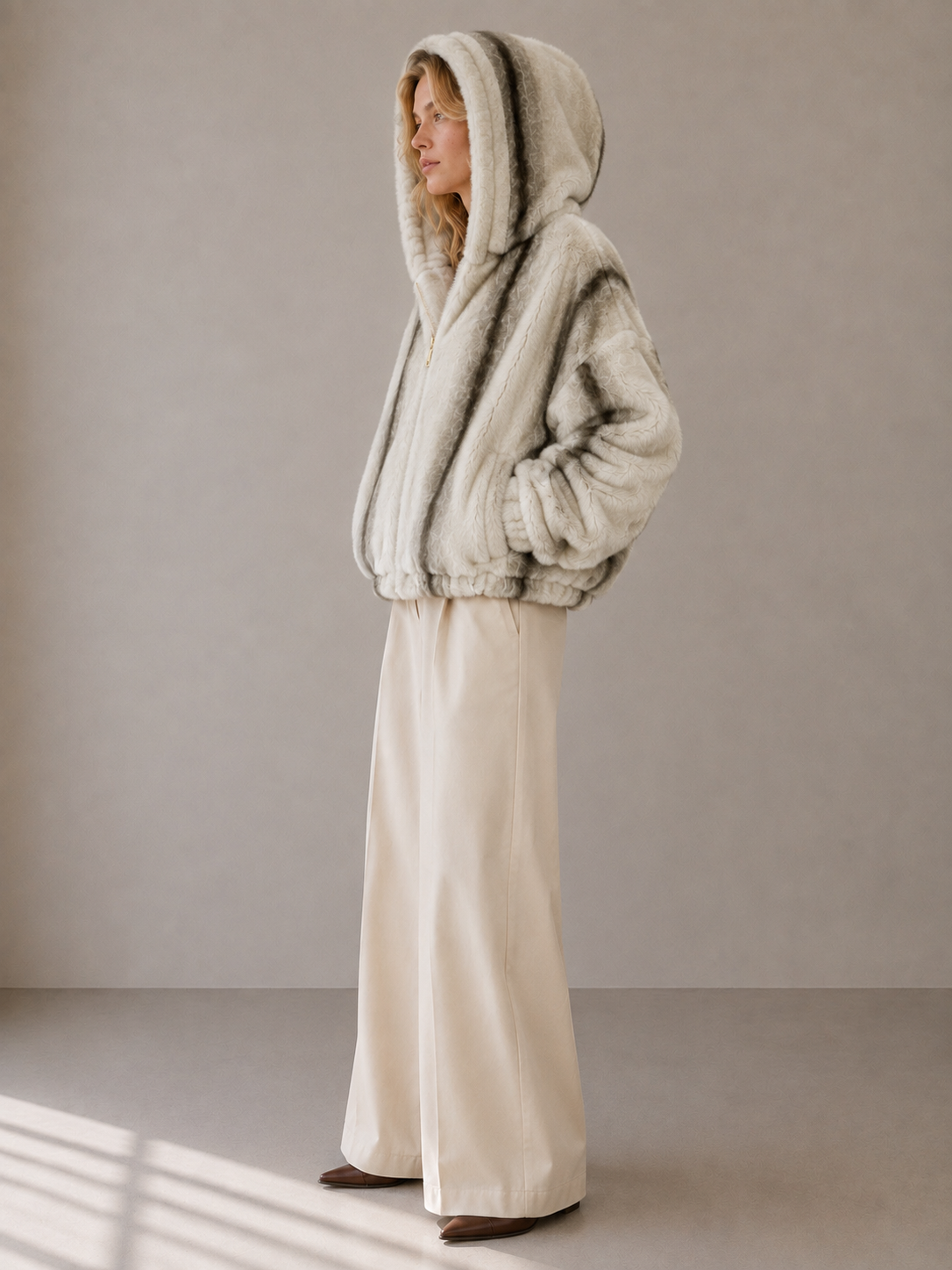 Oyster Bay Jacket — Hooded Faux Fur Zip Jacket: Espresso Leopard / S/M