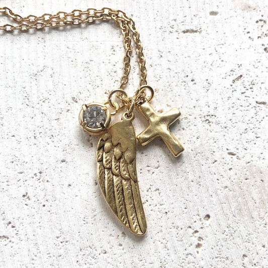 Angel wing cross crystal cluster necklace handmade jewelry : Gold
