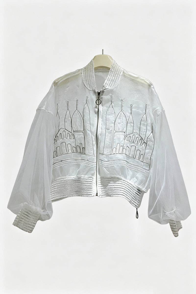 Sheer Castle Detail Bomber Jacket: WHITE / One Size