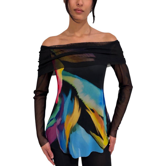 GLORY Draped Neckline Off-Shoulder Long Sleeves Print Top - Elana Kattan
