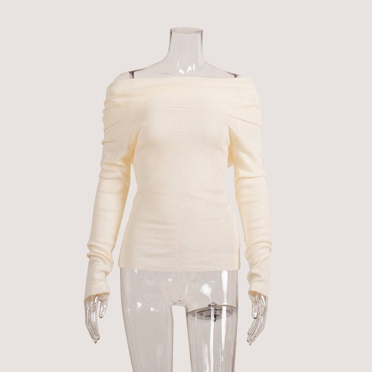 Off-Shoulder Knitted Top Slim Fit Solid Color Long Sleeve Pullover: Oatmeal / M