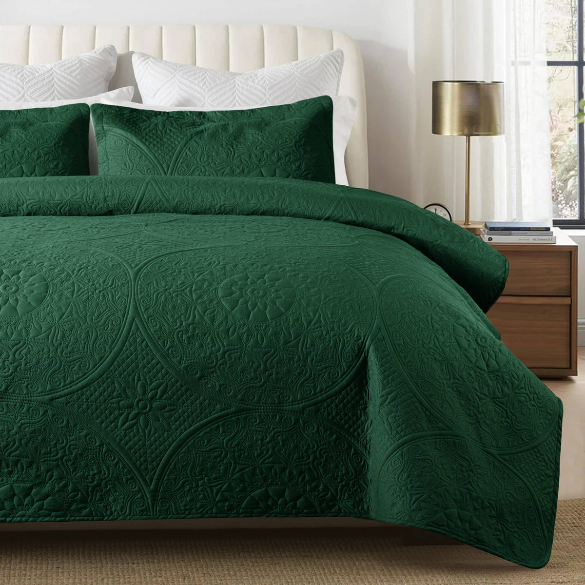 3 Piece Reversible Quilted Bedspread Coverlet Comforter Set: King / Emerald Green