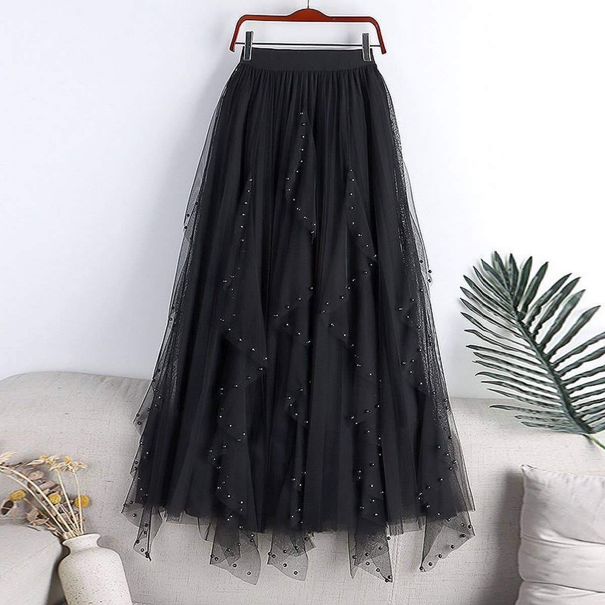 BEADED MESH PLEATED SKIRT A LINE TULLE SKIRT_CWBLS0398: GREY / (OS) 1