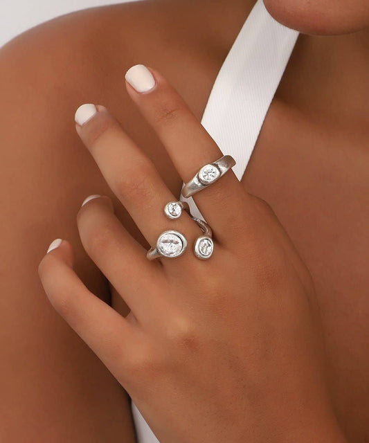 White Crystal Stone Free Size Ring Set: Silver / Brass