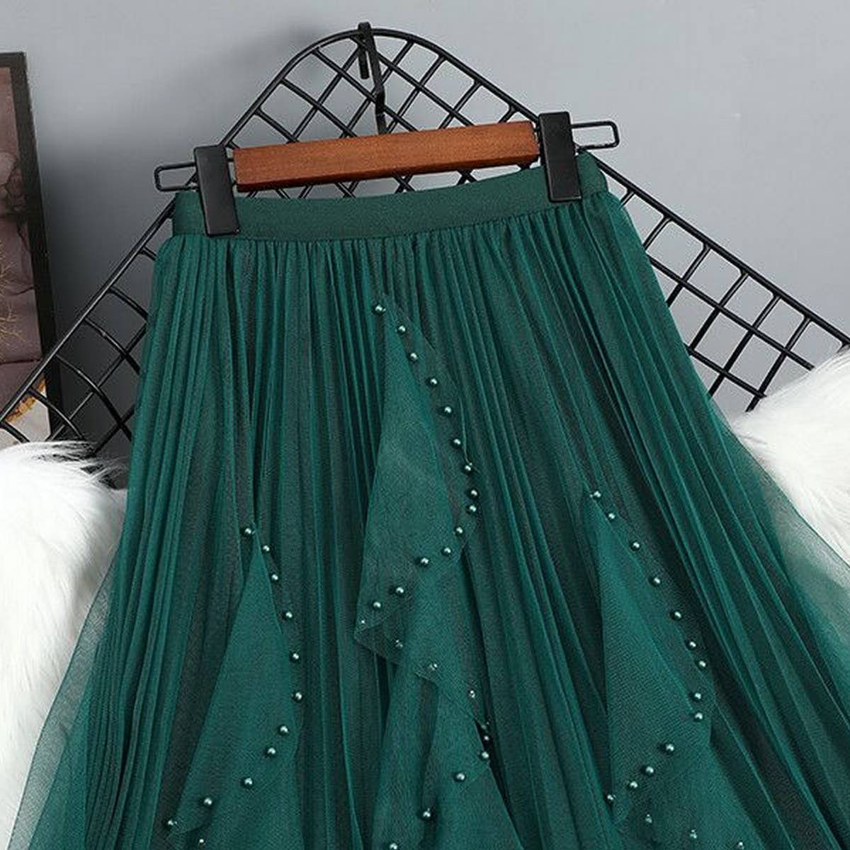 BEADED MESH PLEATED SKIRT A LINE TULLE SKIRT_CWBLS0398: COFFEE / (OS) 1