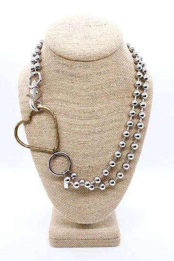 Brass Heart Outline Convertible Silver Chain Necklace: Single 8mm