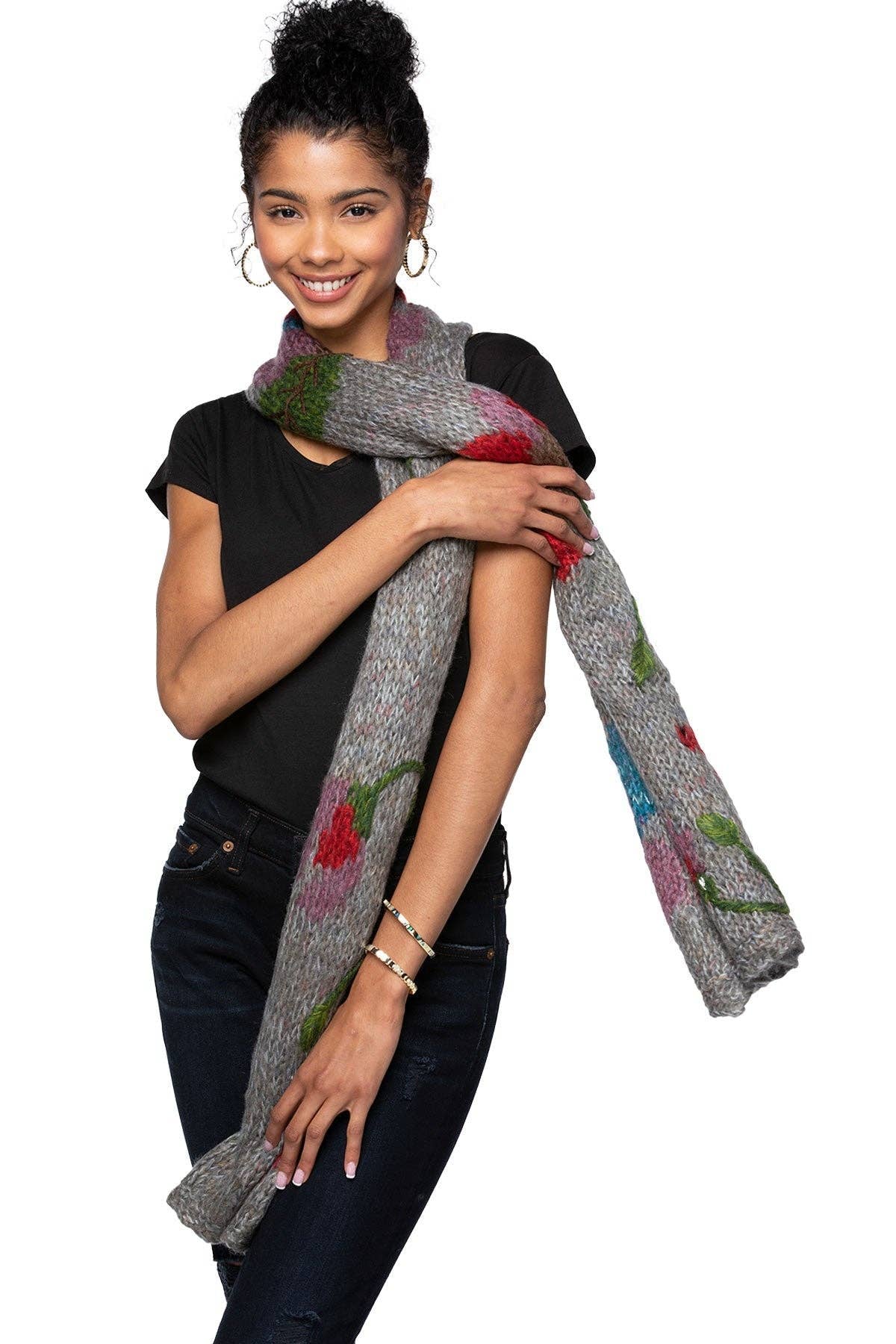 Hand Knit Floral Jacquard Scarf Wrap: Grey / F13C3