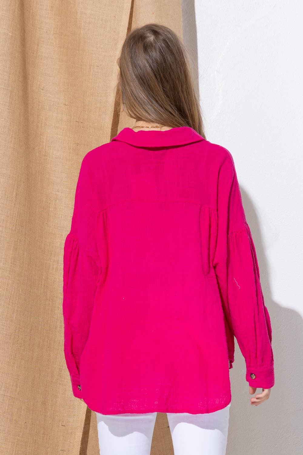 31938T - Washed Cotton Button Up Shirt Blouse: FUCHSIA / LARGE