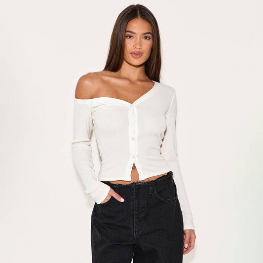 Asymmetrical Neck Long Sleeve Button Knit Cardigan T-Shirt: E25T1624-002 / M