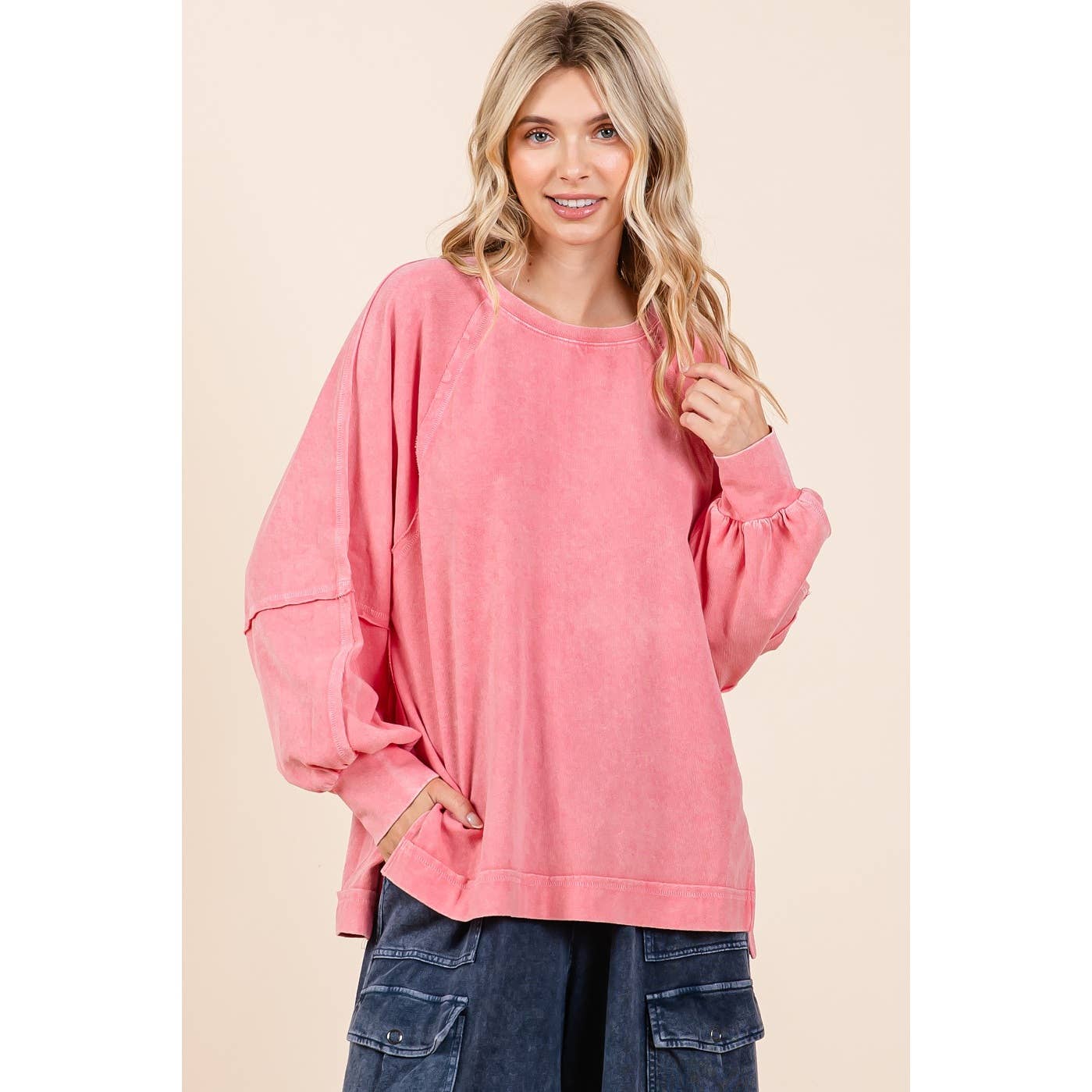 Mineral Wash Raglan Long Sleeve Oversized Top S15303
