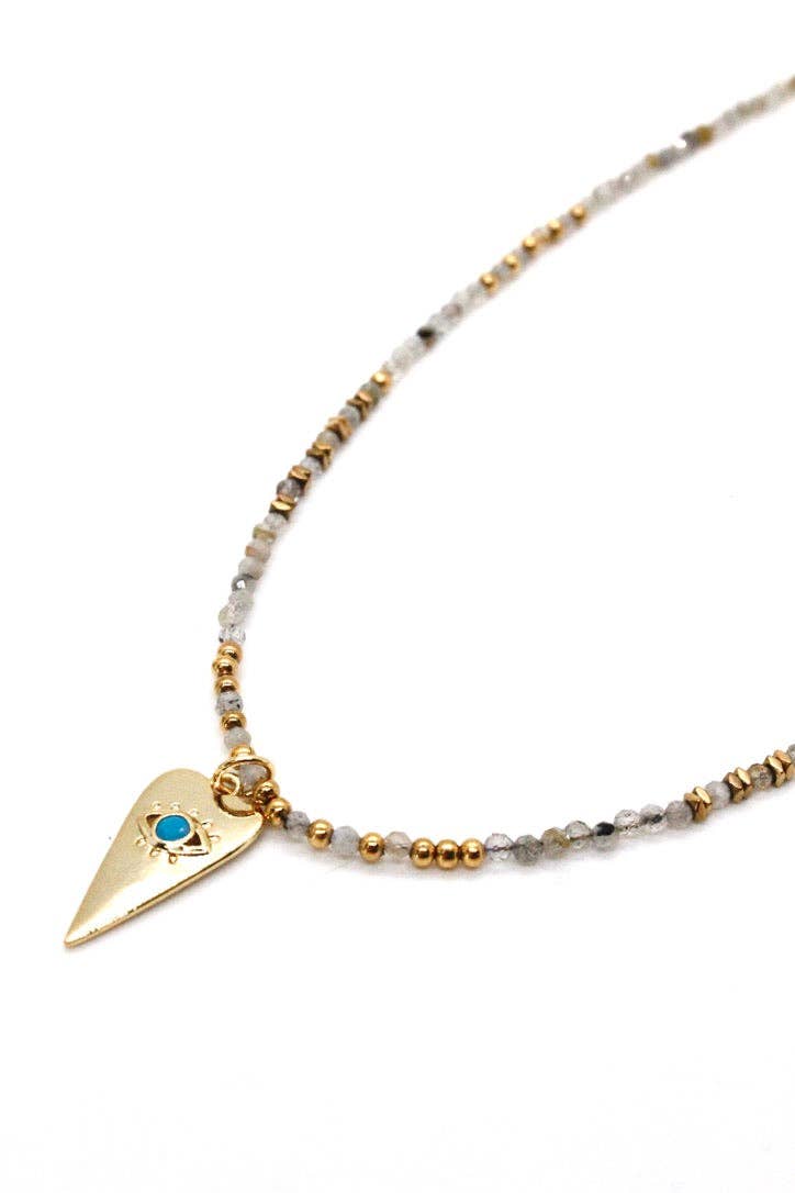 Faceted Labradorite and Evil Eye Heart Necklace - N2-2623